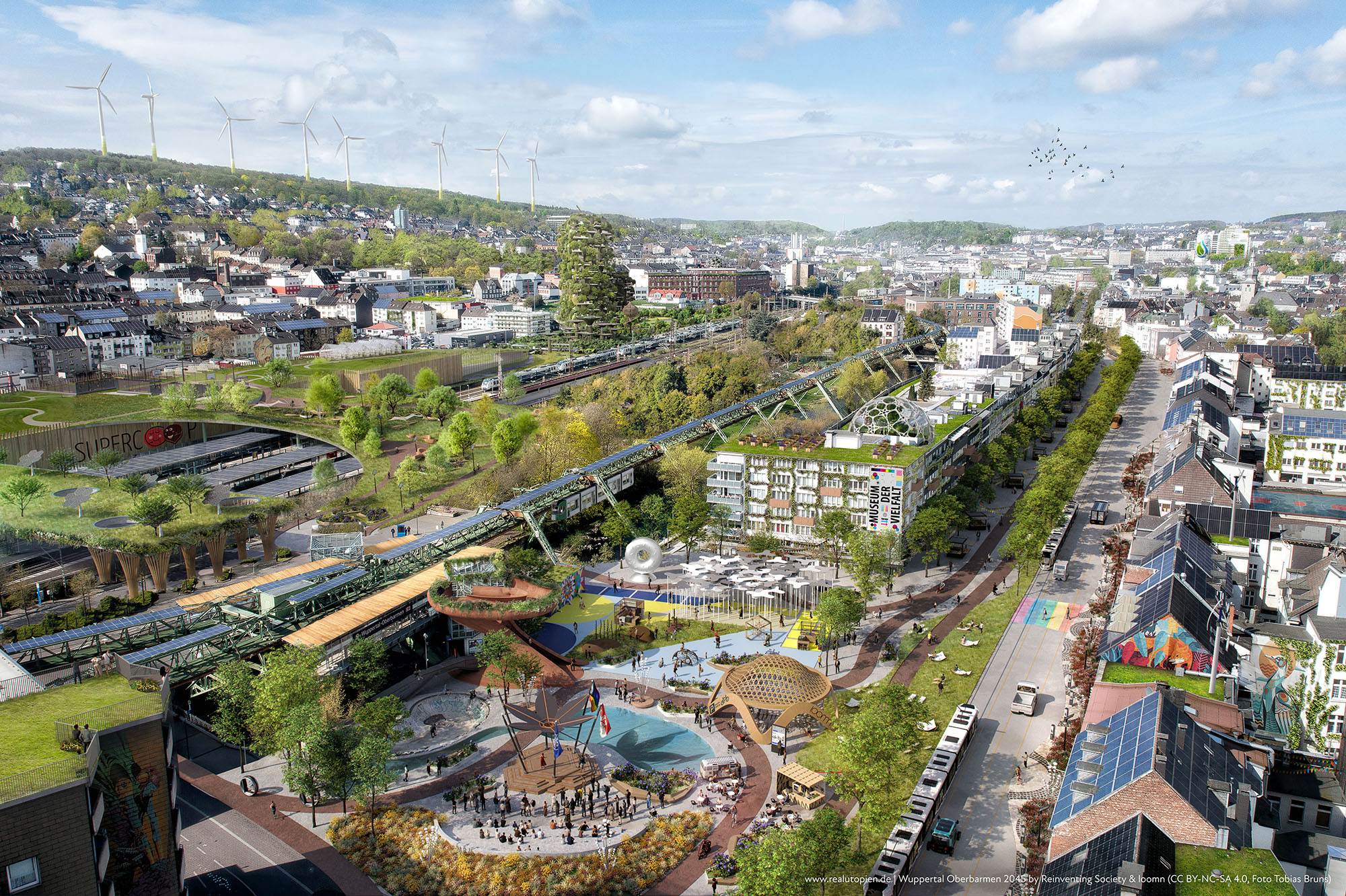 Grüne Stadtlandschaft in Wuppertal Oberbarmen, visionär dargestellt für das Jahr 2045