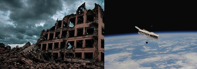 Zerstörtes Haus (links), Satellit im Weltall (rechts)