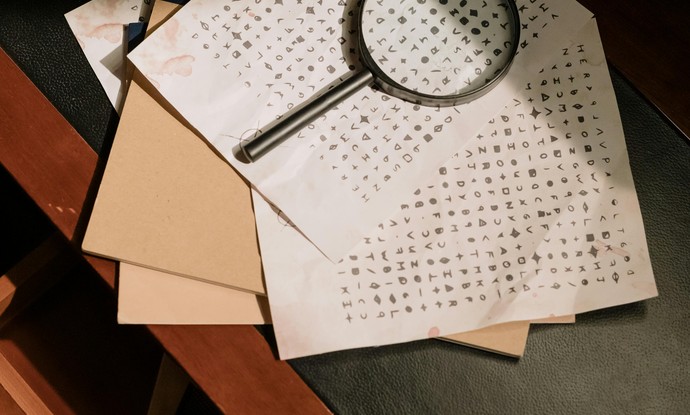 Mehrere Zettel übereinander, darauf liegt eine Lupe.