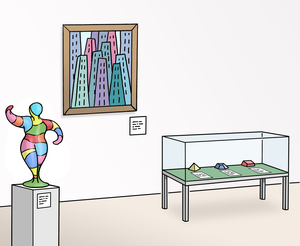 An der Wand hängt ein Bild. Vor der Wand steht ein Glaskasten. Daneben steht eine Figur.