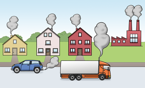 Häuser, eine Fabrik und Autos. Überall steigen Abgase auf.