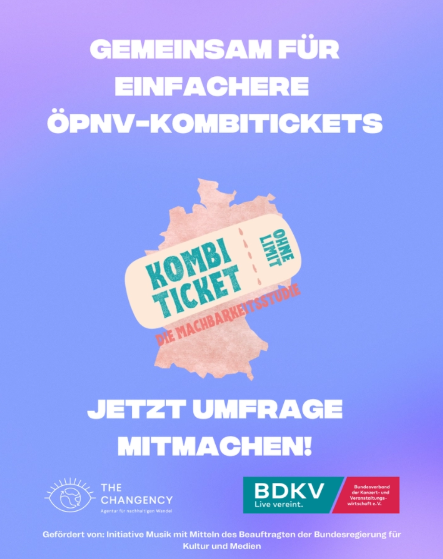 Skizzenhaftes Konzertticket mit Aufschrift "Kombiticket" auf einer umrisshaften Deutschlandkarte und Aufruf zu einer Umfrage für ein ÖPNV-Kombiticket