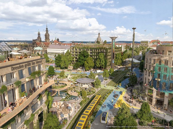grüne Stadtlandschaft in Dresden am Potsdamer Platz, visionär dargestellt für das Jahr 2045