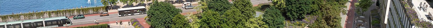 Moderne, grüne Uferpromenade in Genf nahe der Mont-Blanc-Brücke, visionär dargestellt für das Jahr 2045