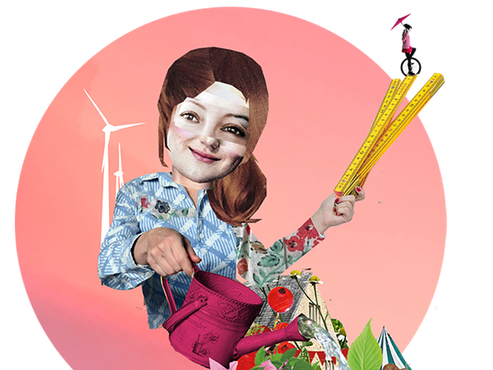 Bildcollage: Eine Frau gießt Pflanzen und hält in der anderen Hand einen Zollstock