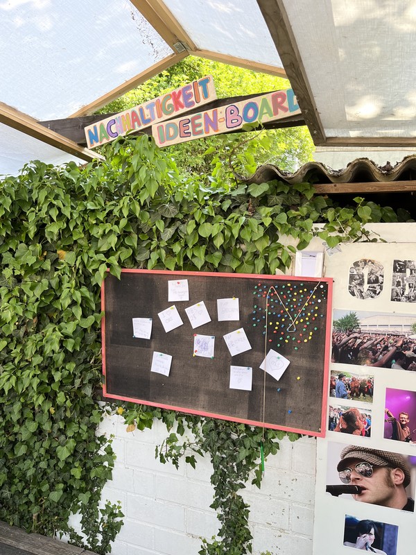 Ideenboard zum Thema Nachhaltigkeit mit angepinnten Zetteln, umgeben von Efeu und Fotos.