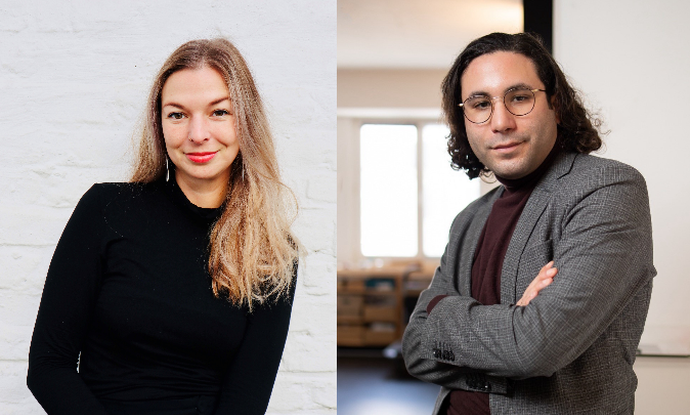 Portrait von Anna Döbbelin (links) und Jérôme Jussef lenzen (rechts) von ArtAsyl e.V. und Studio Audience