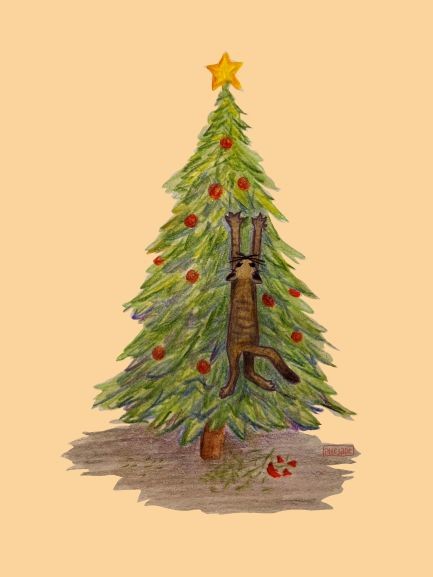 Illustration einer Katze im Weihnachtsbaum