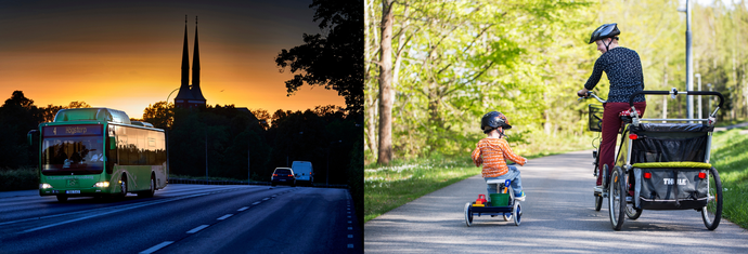 Links: Bus auf einer breiten Straße in der Abenddämmerung
Rechts: Eine Frau fährt mit ihrem Kind Fahrrad auf einem breiten Radweg, umgeben von Bäumen