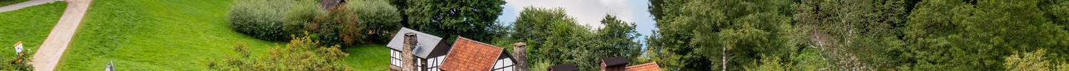 Landschaftsaufnahme des LWL-Freilichtmuseums Hagen. Alte Häuser in einem Tal zwischen Waldhängen.