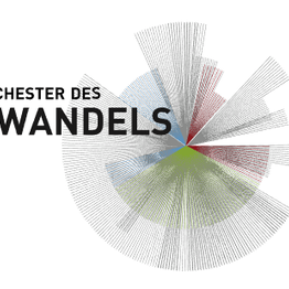 Logo des Orchesters des Wandels. Es zeigt eine konzentrische Grafik mit grauen, roten, blauen und grünen Elementen.