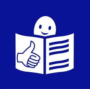 European Easy-to-Read-Logo: Das Logo ist ein dunkelblaues Viereck mit abgerundeten Ecken. Auf dem dunkelblauen Viereck ist ein Gesicht hinter einem au