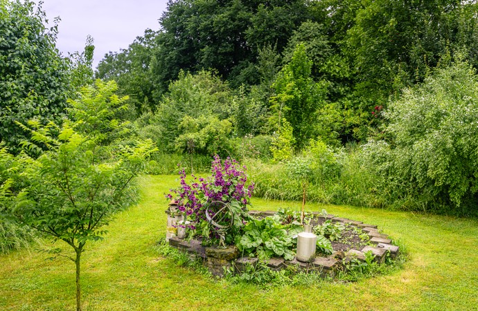 Begrünter Garten mit Rasenfläche, Bäumen, Sträuchern und einem kleinen bepflanzten Beet