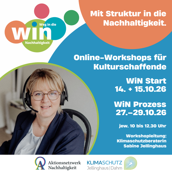 Visual von Weg in die Nachhaltigkeit: Schrift auf farbigen Grund und Portraitfoto von Sabine Jellinghaus