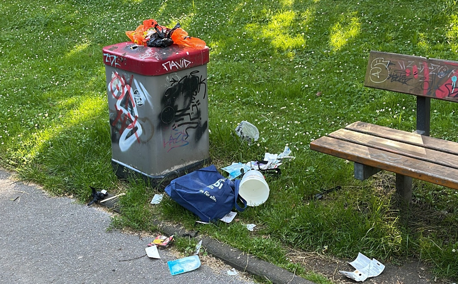 Ein überfüllter Mülleimer steht am Wegesrand auf einer Wiese. Rechts daneben ist ein Teil einer Holzbank zu sehen.