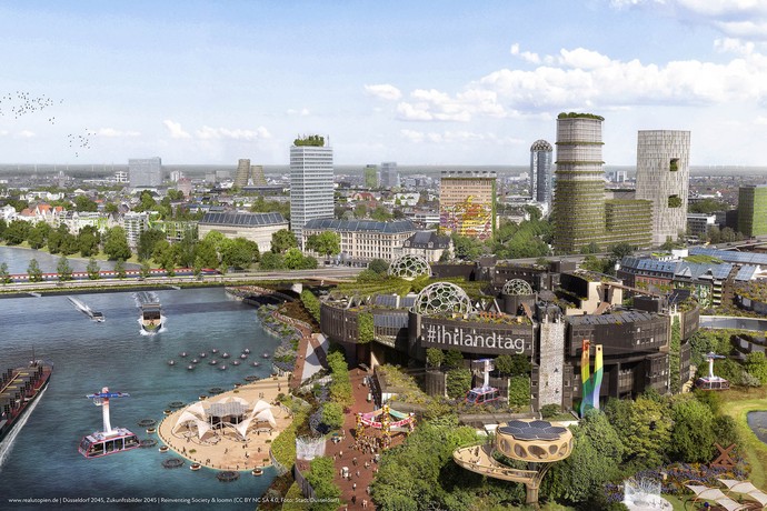 begrünte Rheinuferlandschaft am Landtag Düsseldorf, visionär dargestellt für das Jahr 2045