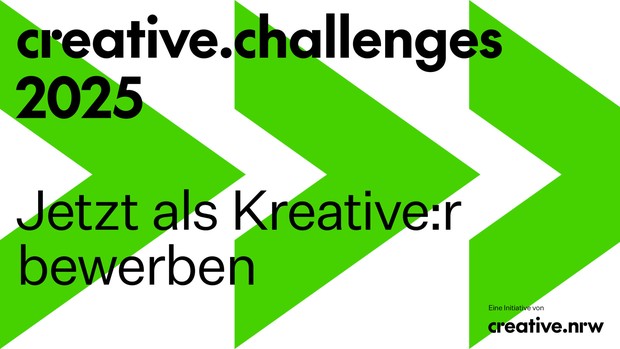 Visual mit grünen Pfeilen, die nach recht zeigen, auf weißem Hintergrund mit der Aufschrift "creative.challenges 2025-Jetzt als Kreative:r bewerben." Visual mit grünen Pfeilen, die nach recht zeigen, auf weißem Hintergrund mit der Aufschrift "creative.challenges 2025-Jetzt als Kreative:r bewerben."