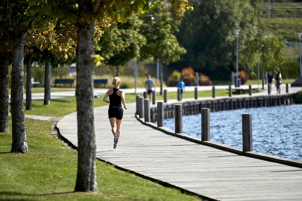Eine Frau joggt auf einem Holzsteg. Rechts von ihr ist Wasser, links eine Wiese mit Bäumen.