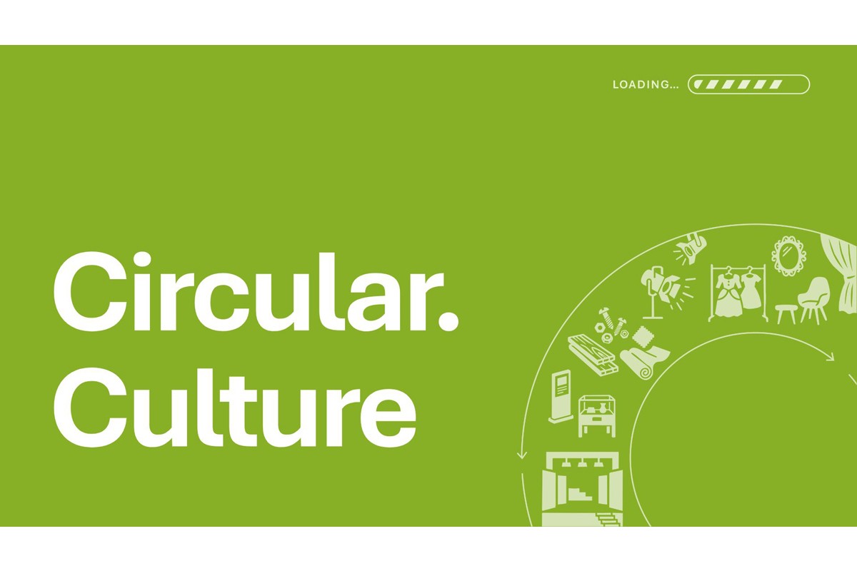 Grüne Fläche mit weißem Schriftzug "Circular.Culture" und schemenhaften Materialien wie Spiegel oder Kleidungsstücken